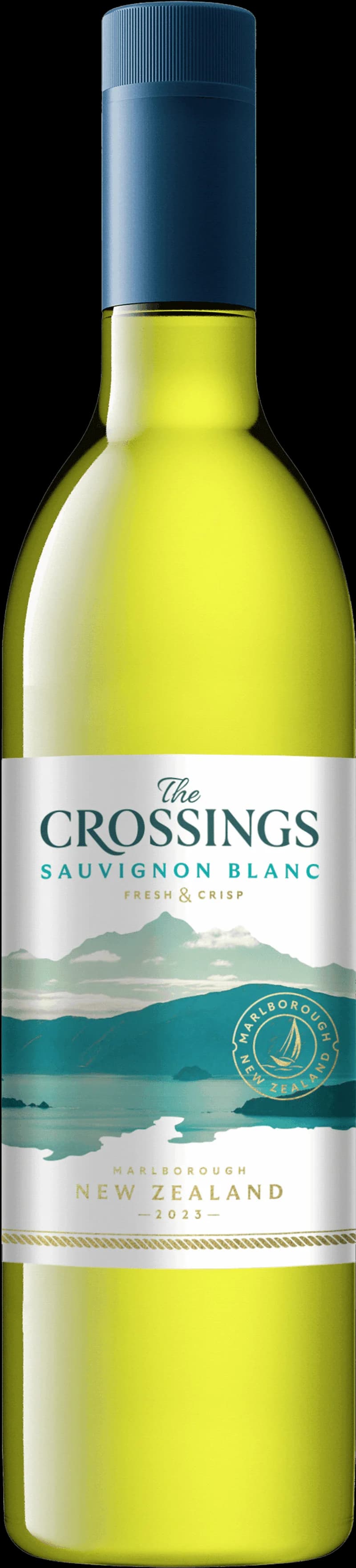 Flaska av The Crossings vitt vin mot en neutral bakgrund.