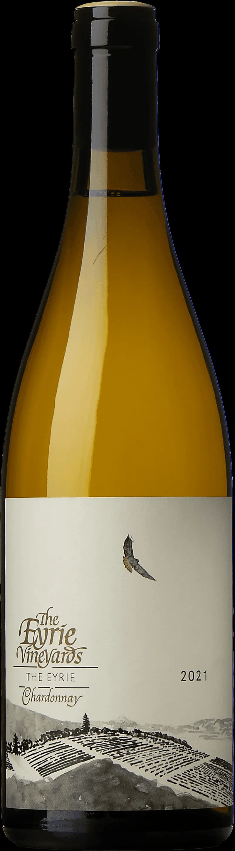 Flaska av The Eyrie vitt vin mot neutral bakgrund