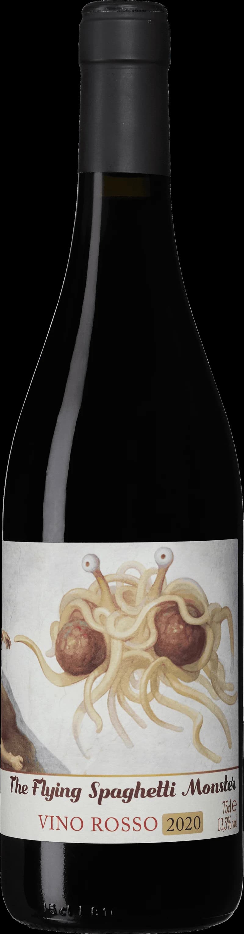 Flaska av rött vin med etikett föreställande The Flying Spaghetti Monster.