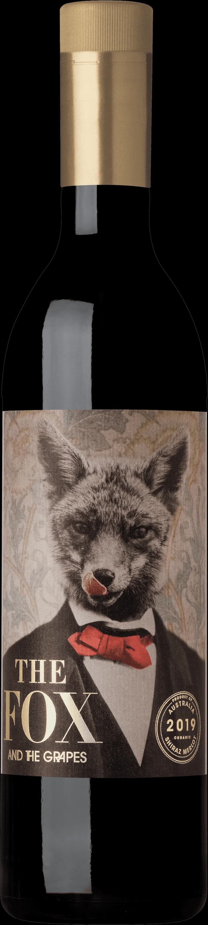 Rött vin med etikett föreställande räven och druvorna.