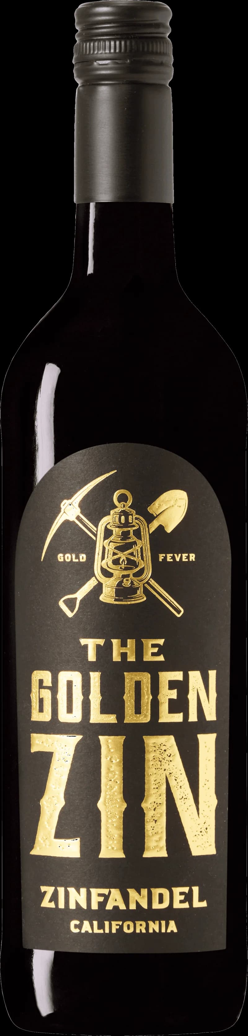 Flaska av rött vinet The Golden Zin mot en mörk bakgrund.