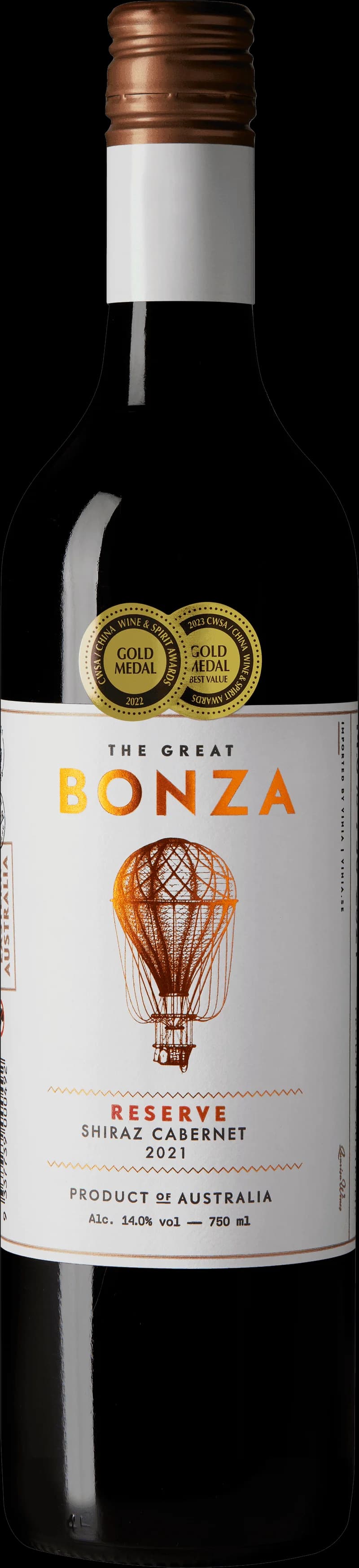 Flaska av rött vin The Great Bonza på en bordsservering.