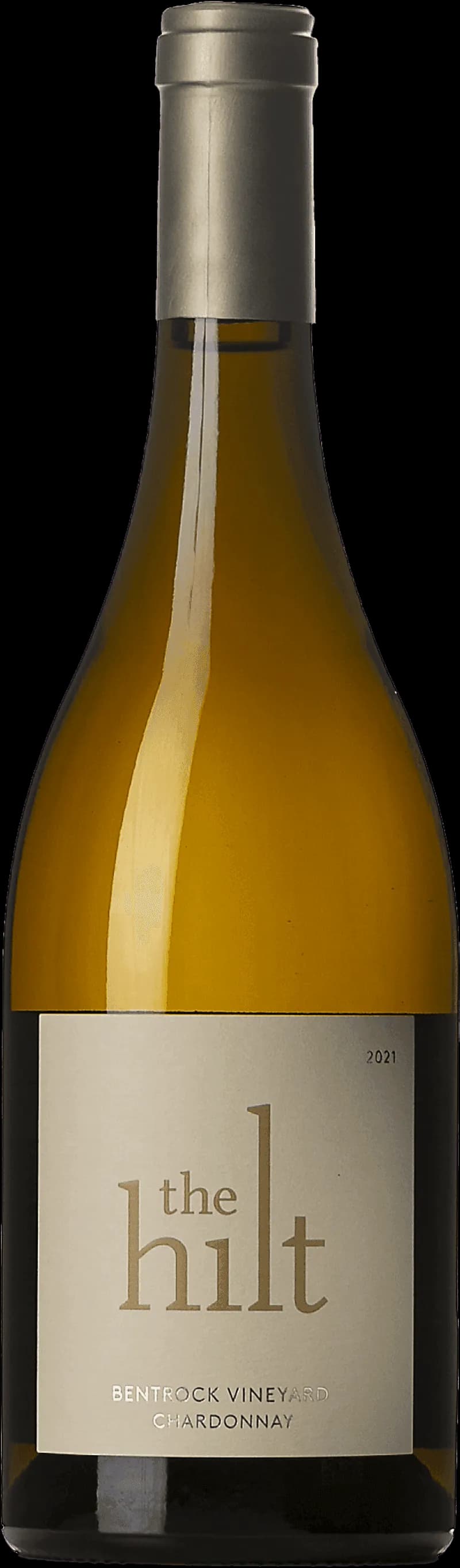 Flaska av The Hilt vitt vin mot en neutral bakgrund.