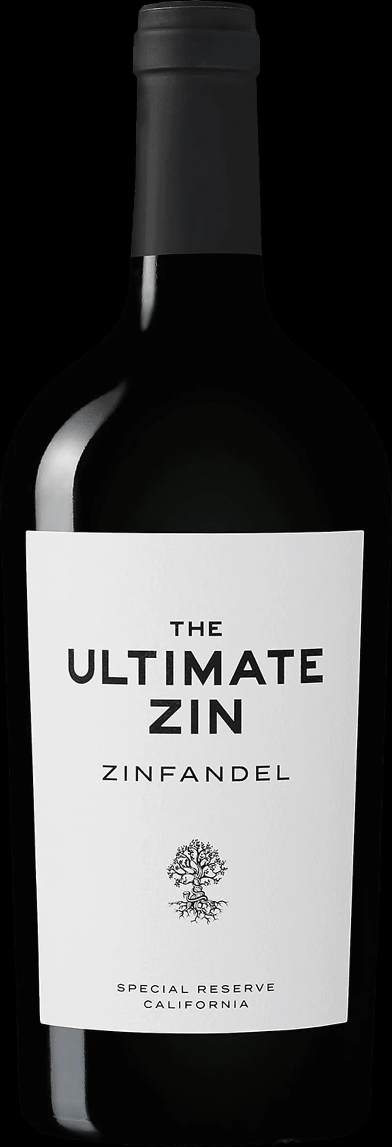 Flaska av The Ultimate Zin rött vin från 2017, framför en vintunnas bakgrund.