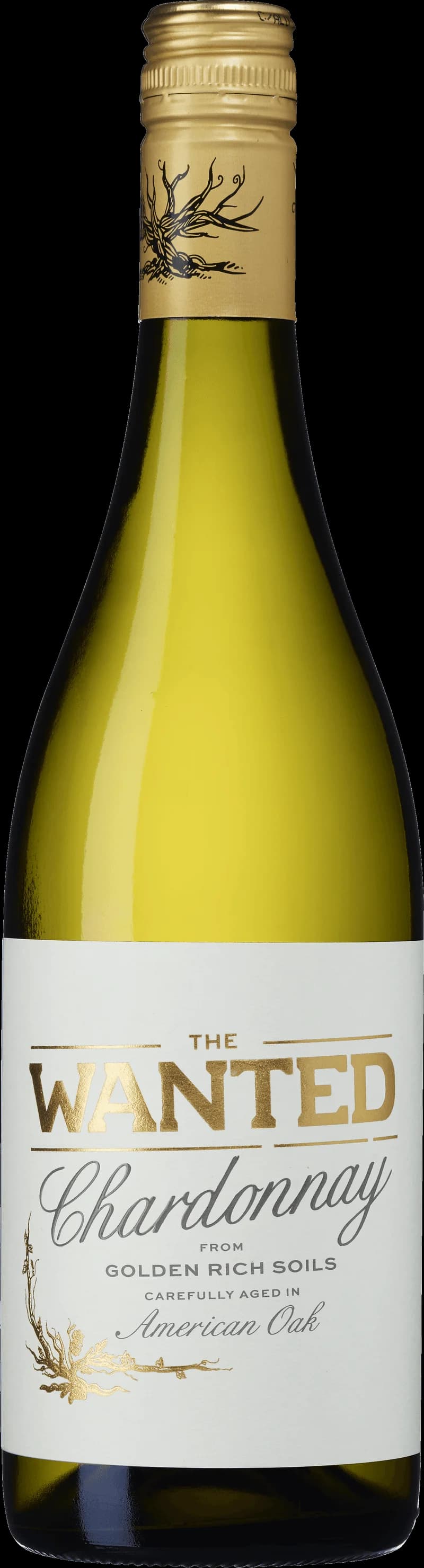 Flaska av The Wanted Chardonnay vitt vin mot ljus bakgrund.