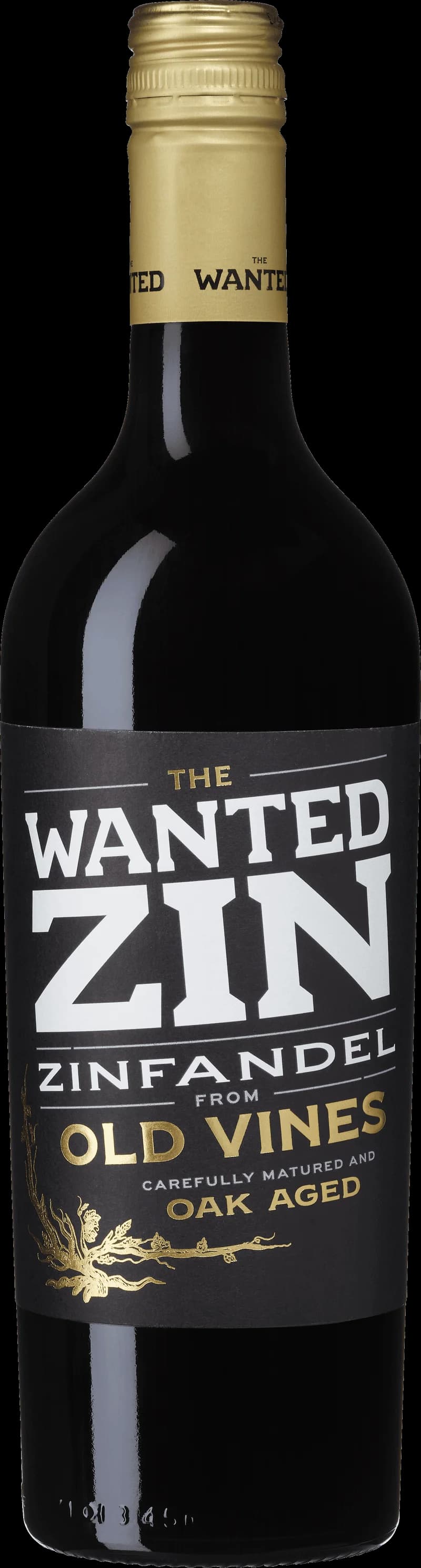 Flaska av The Wanted Zin rött vin mot neutral bakgrund.