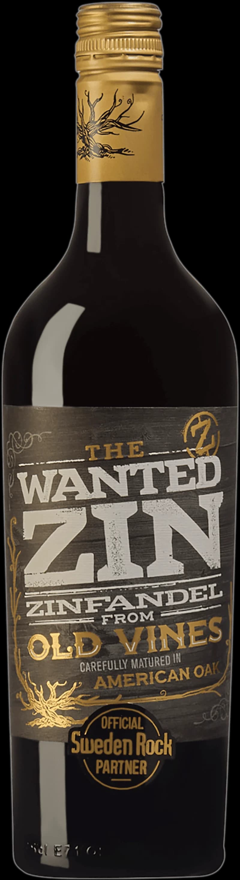 Etikett på The Wanted Zin rött vin från USA.