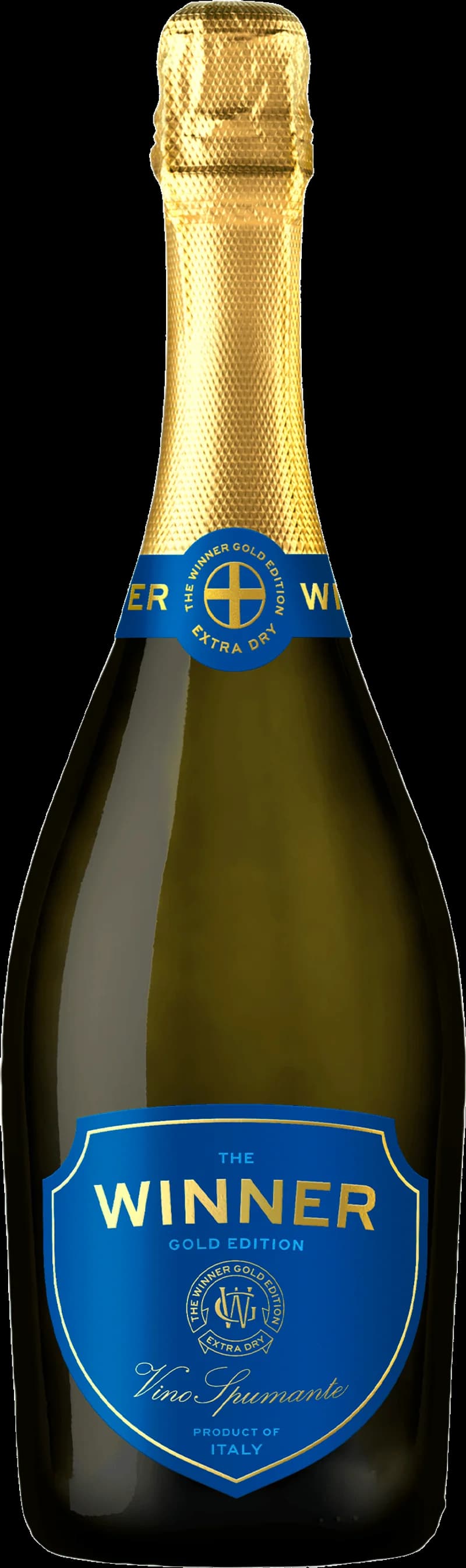 Flaska av mousserande vin The Winner med etikett och bubbelglas