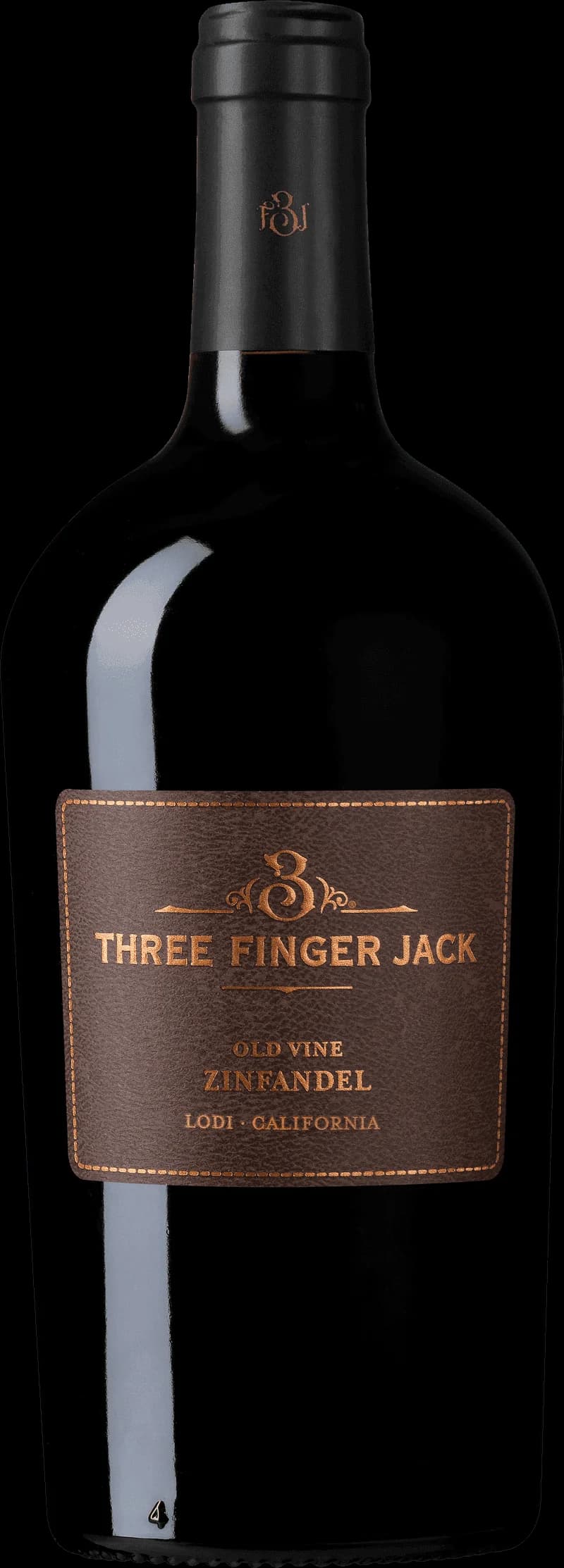 Flaska av Three Finger Jack rött vin mot neutral bakgrund
