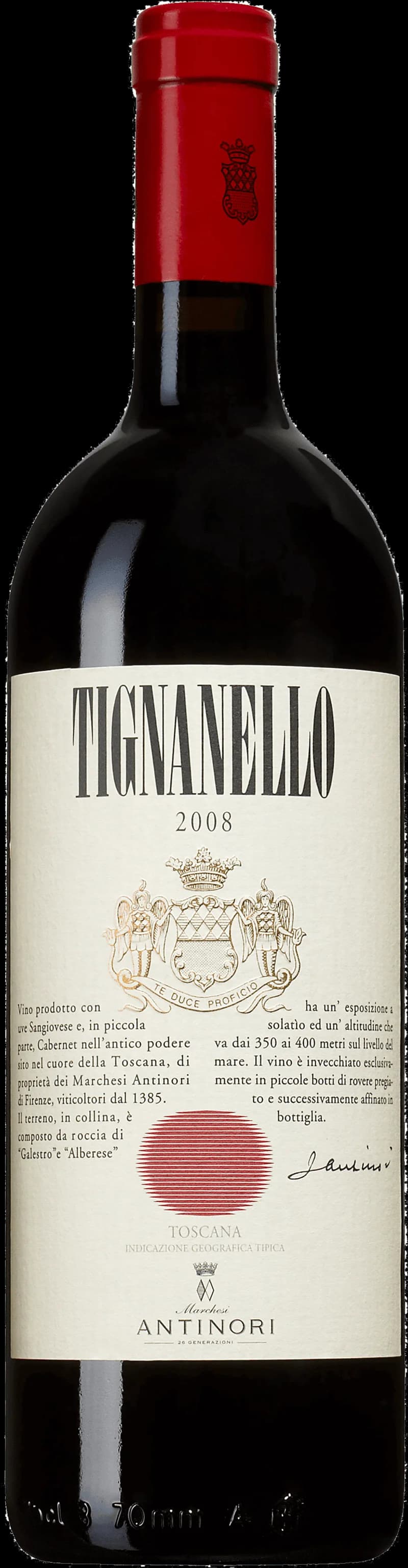 Flaska av rött vin Tignanello från Toscana, Italien.