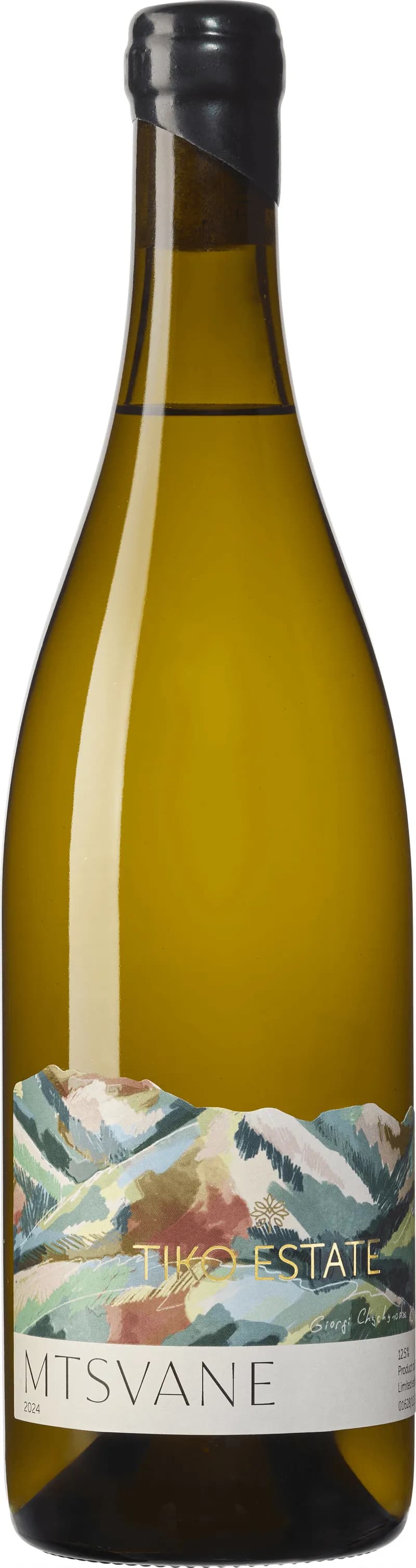 Flaska och glas med Tiko Estate vitt vin på en bricka.