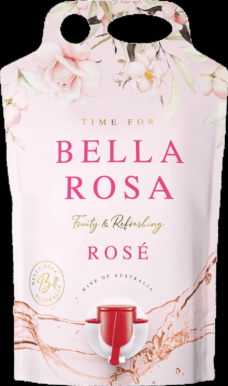 Flaska av Bella Rosa rosévin mot en solig bakgrund.