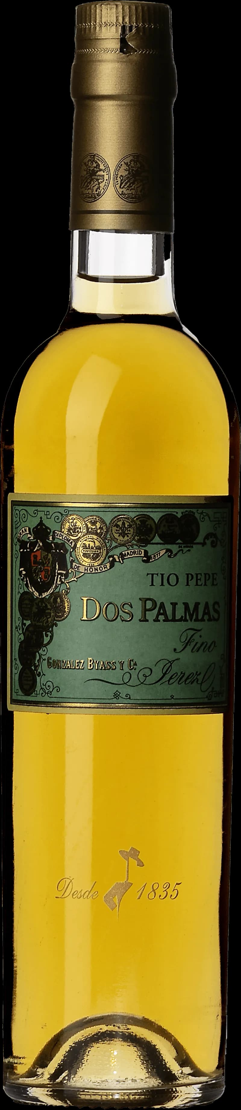 Flaska Tio Pepe sherry på ett fat med glas