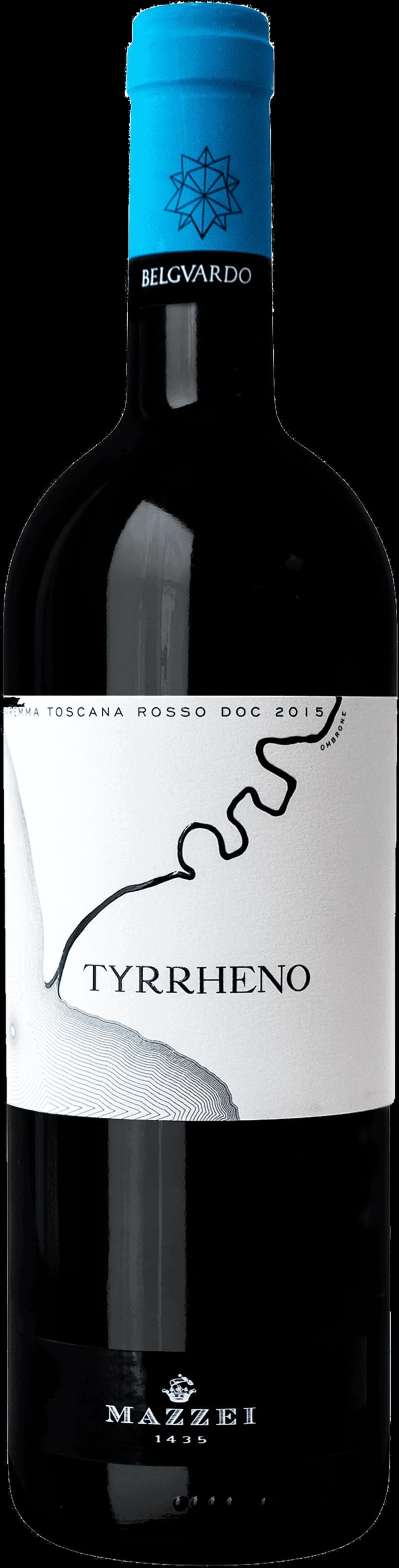 Flaska med Tirrenico rött vin på ett bord