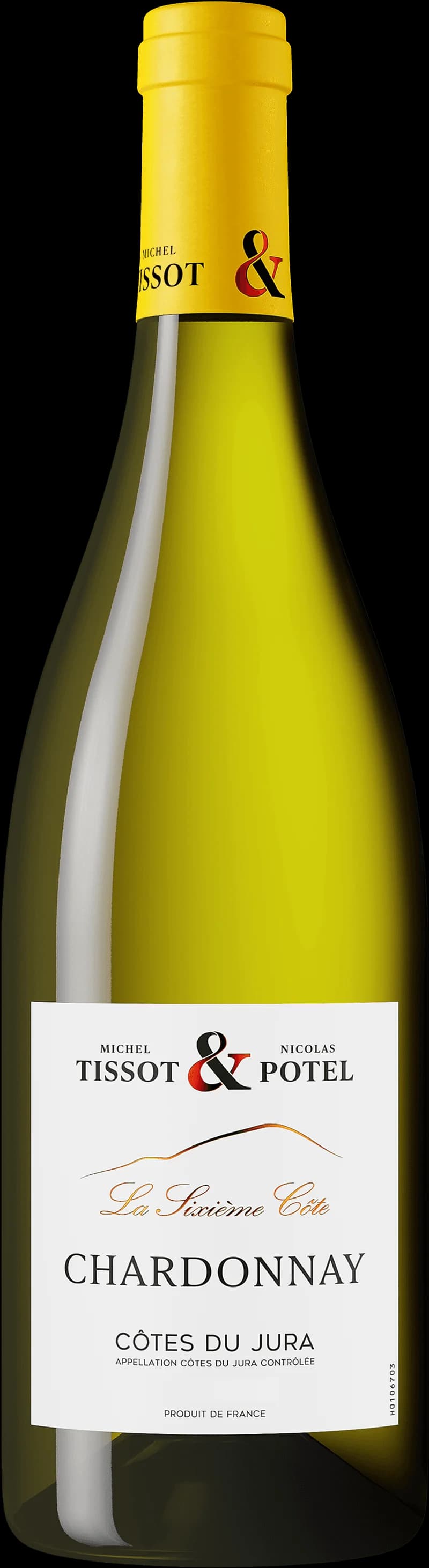 Flaska av Tissot Potel vitt vin mot ljus bakgrund