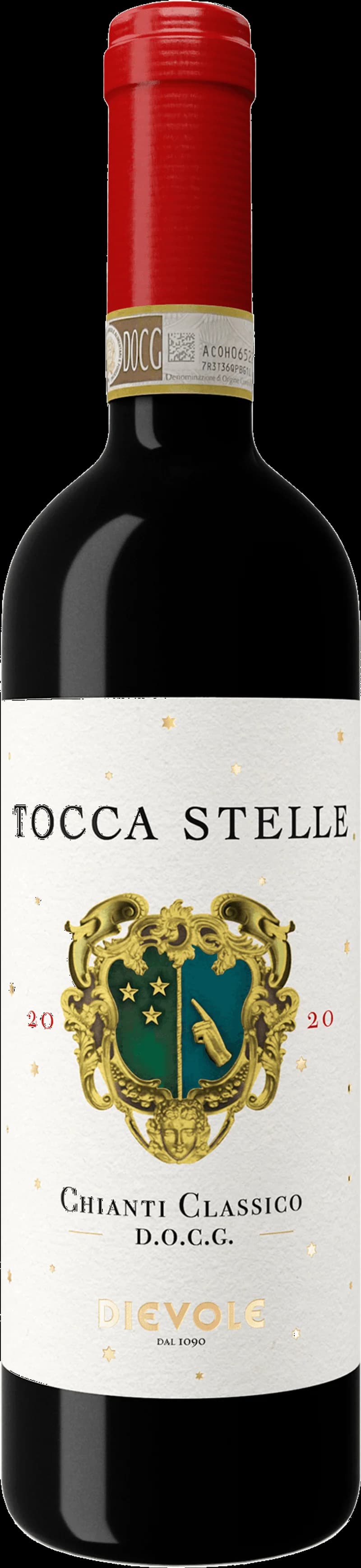 Flaska av rött vin från Tocca Stelle med etikett