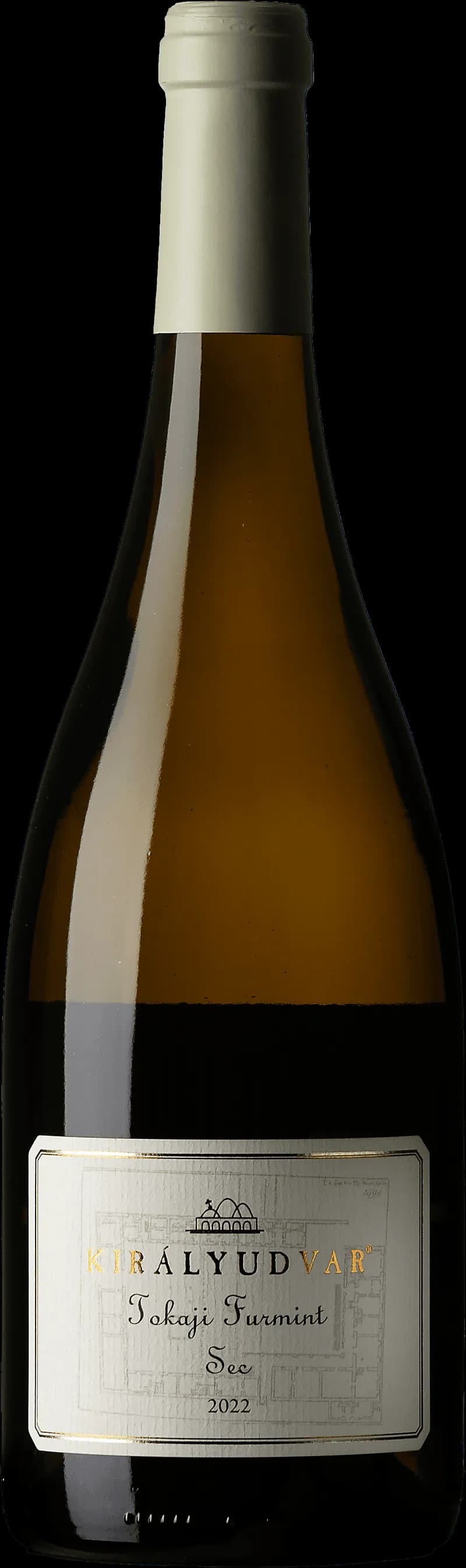Flaska med Tokaji Furmint Sec vitt vin mot ljus bakgrund.
