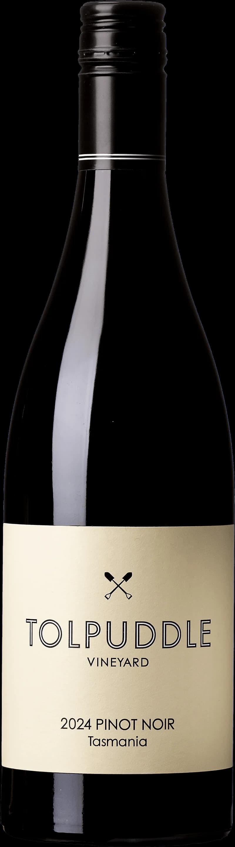 Flaska rött vin från Tolpuddle Vineyard på en träbänk i vingården.