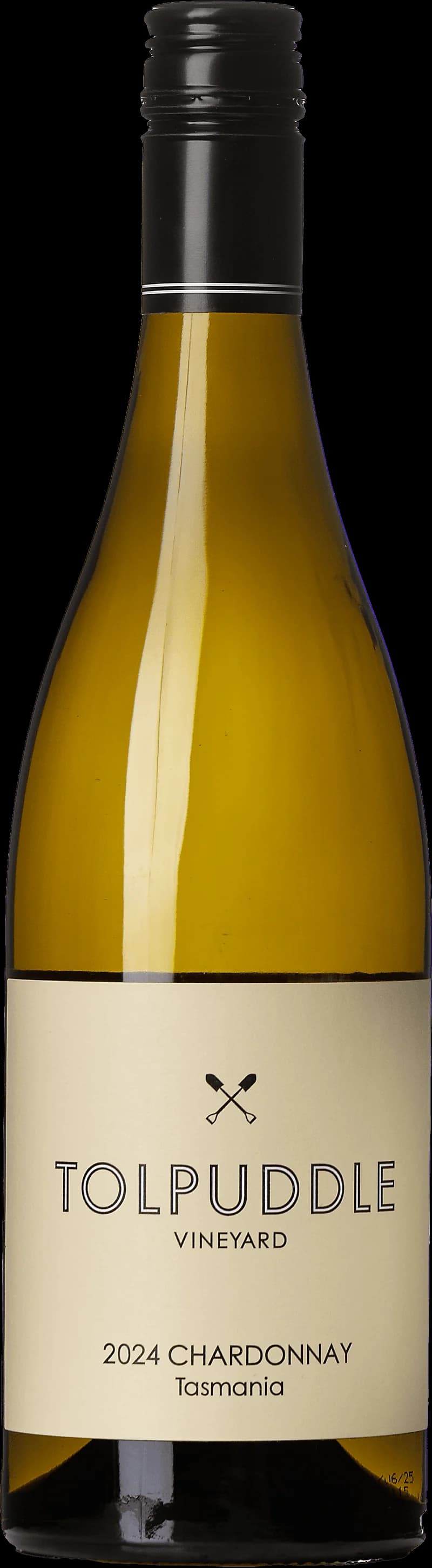 Flaska vitt vin från Tolpuddle Vineyard på ett bord.