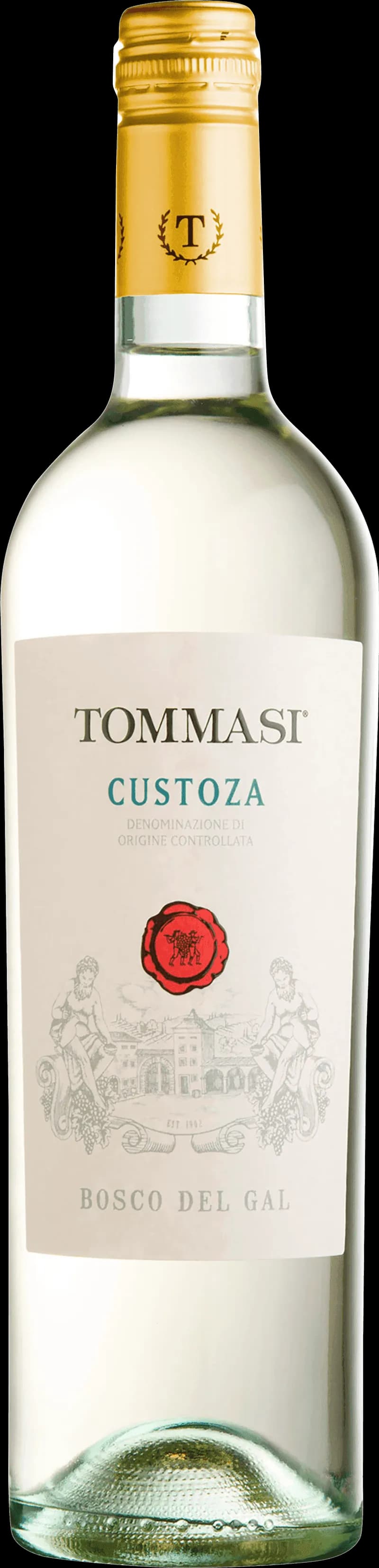 Flaska av Tommasi Bosco del Gal vitt vin mot en neutral bakgrund.