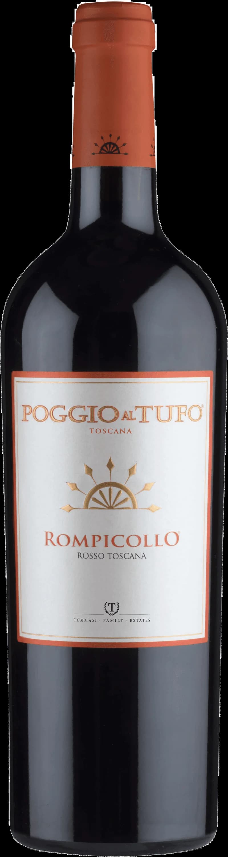 Flaska av Tommasi Poggio al Tufo rött vin mot en neutral bakgrund.