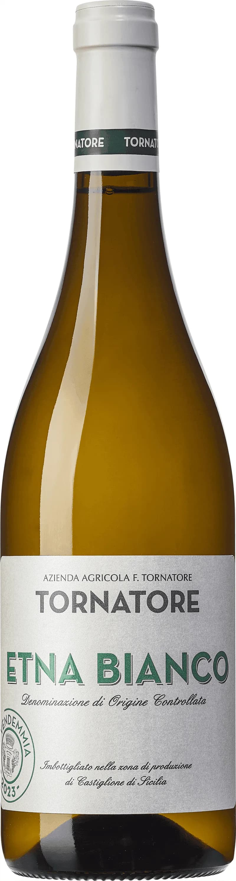 Flaska med Tornatore vitt vin mot en ljus bakgrund.