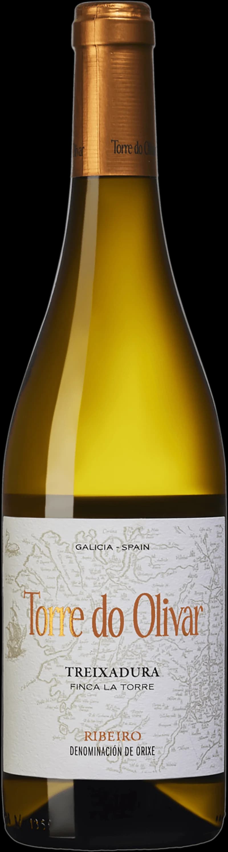 Flaska av Torre do Olivar vitt vin på en bordsservering.