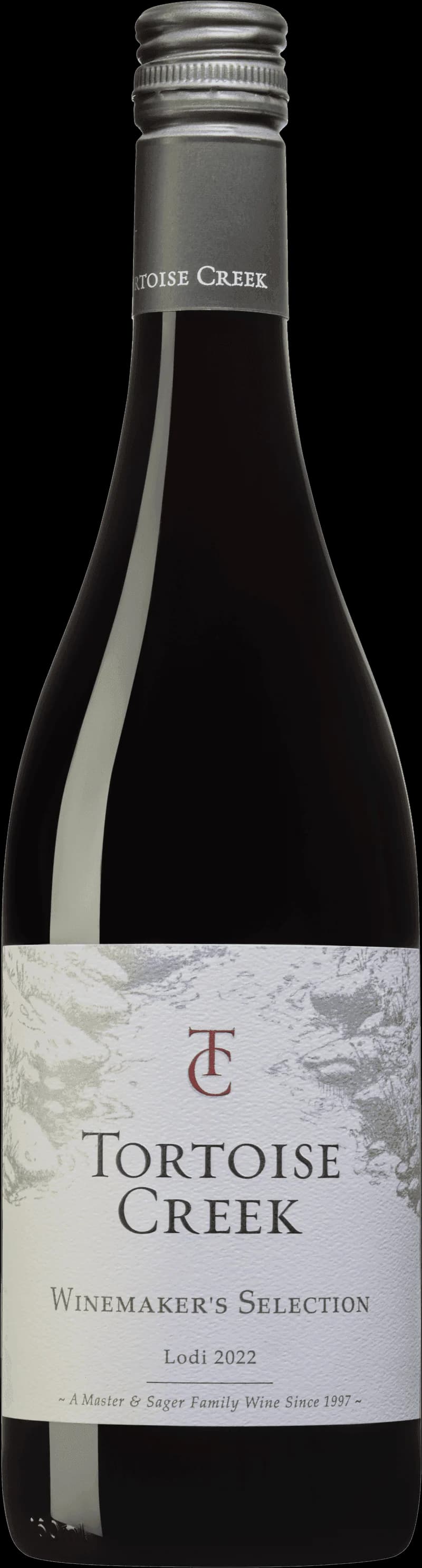 Flaska av Tortoise Creek rött vin mot mörk bakgrund.