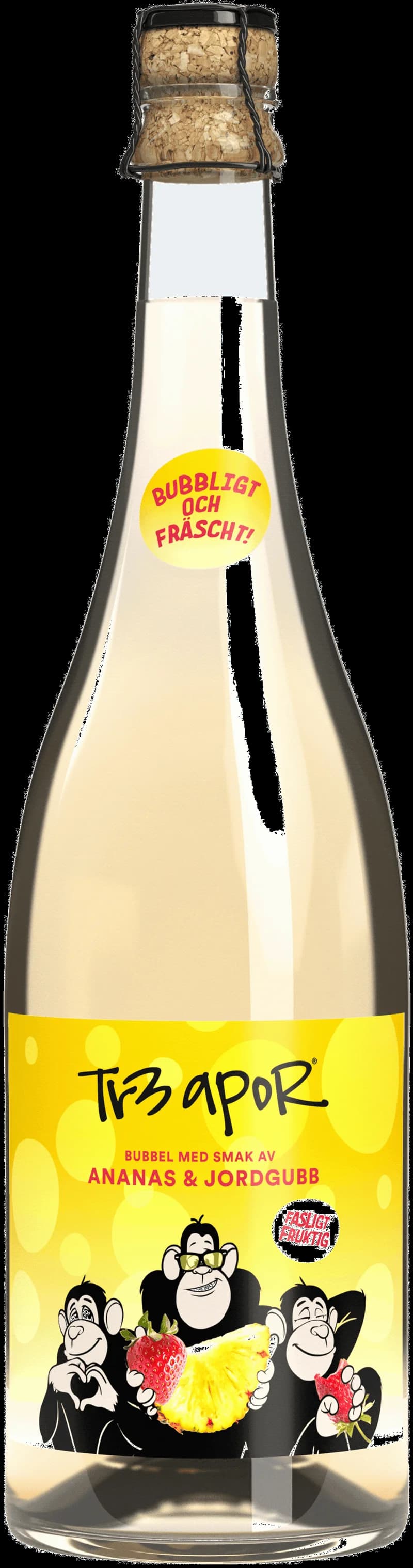 Tr3 Apor Bubbel mousserande vin med etikett och bubbelglas.