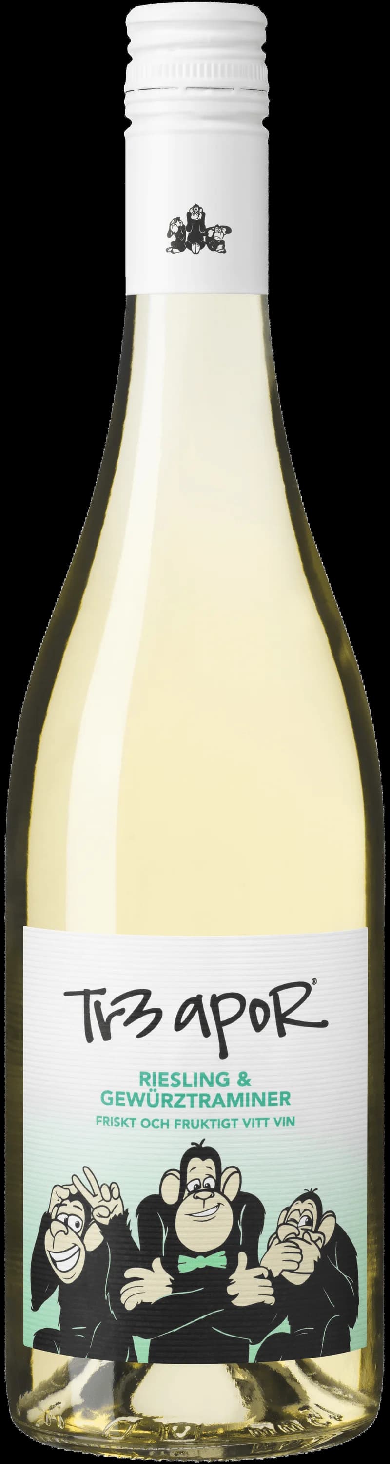 Flaska av Tr3 Apor vitt vin på en bordsduk.