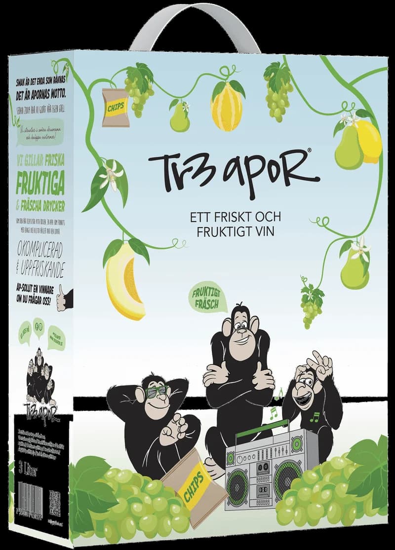 Flaska av Tr3 Apor vitt vin på en bordsduk.