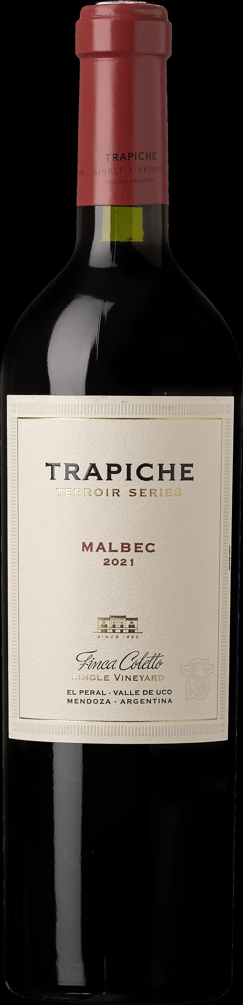 Flaska av Trapiche Terroir Series rött vin mot en neutral bakgrund.
