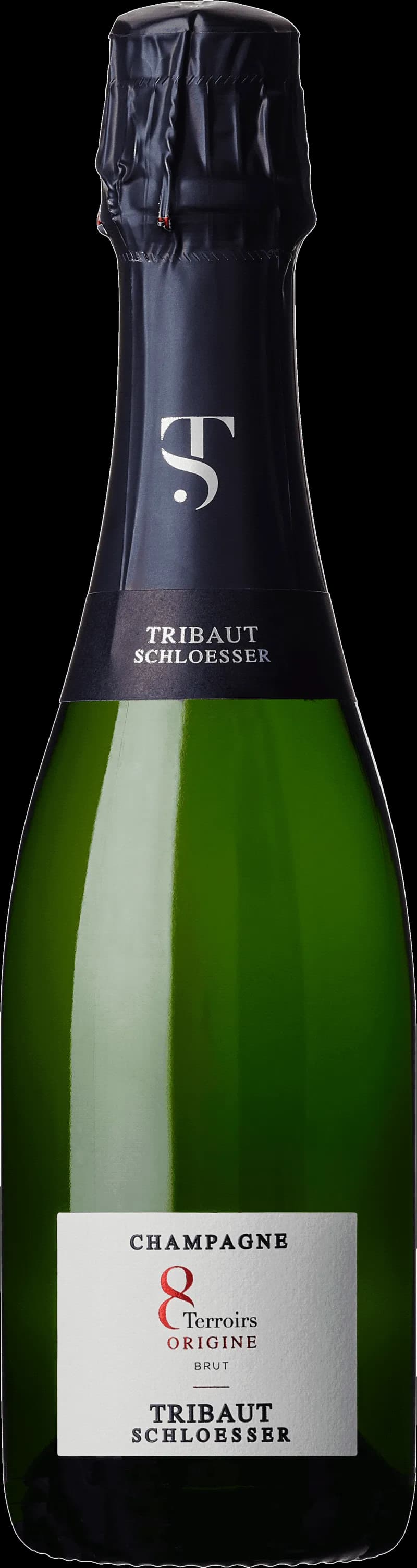 Flaska av mousserande vin från Tribaut Schloesser mot neutral bakgrund.