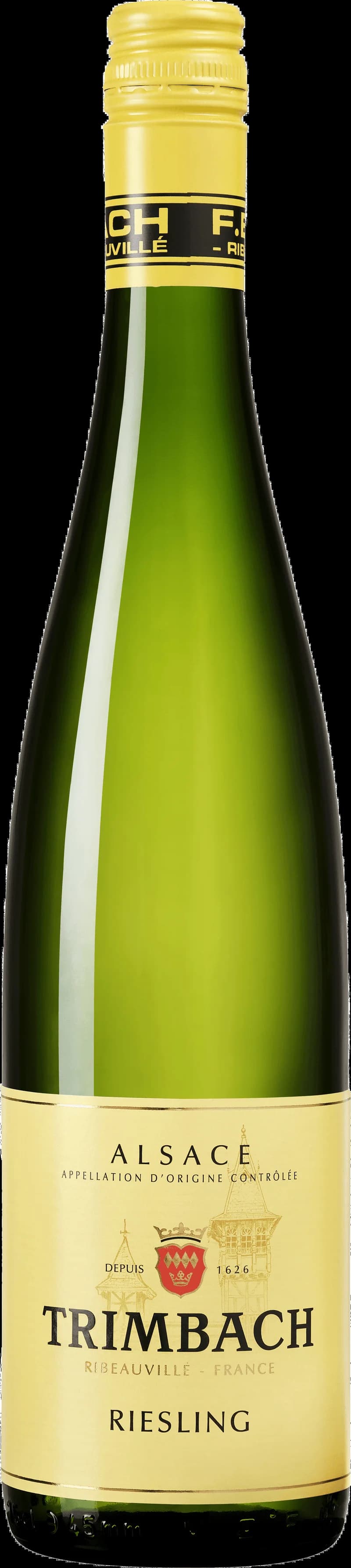 Flaska med Trimbach vitt vin mot neutral bakgrund.