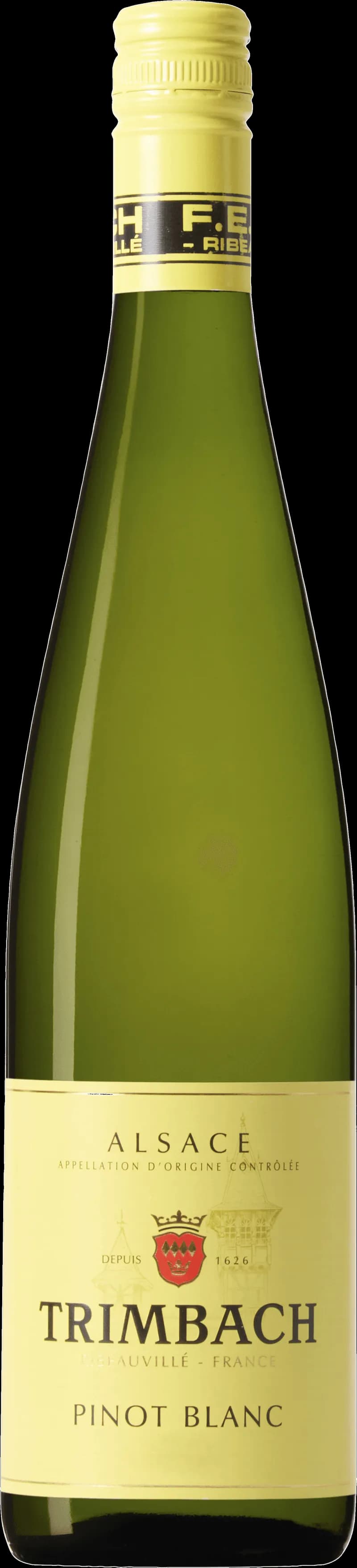 Flaska med Trimbach vitt vin mot ljus bakgrund