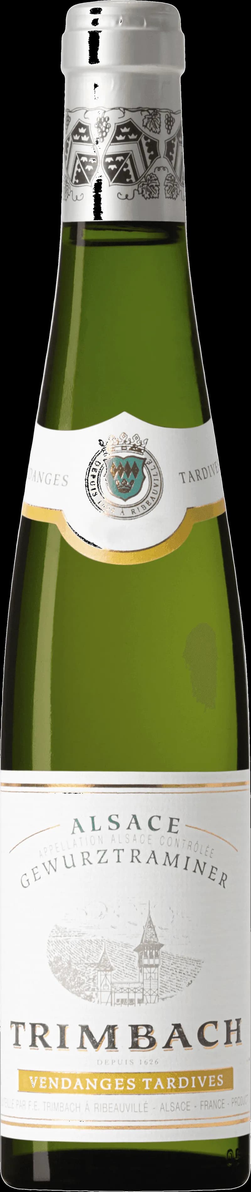 Flaska med Trimbach vitt vin mot ljus bakgrund