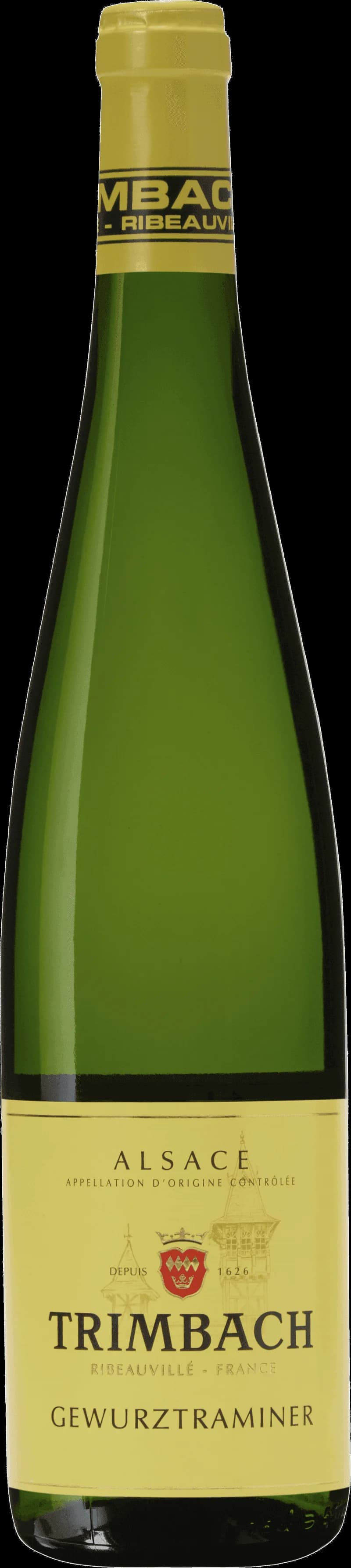 Flaska av Trimbach vitt vin mot en neutral bakgrund.