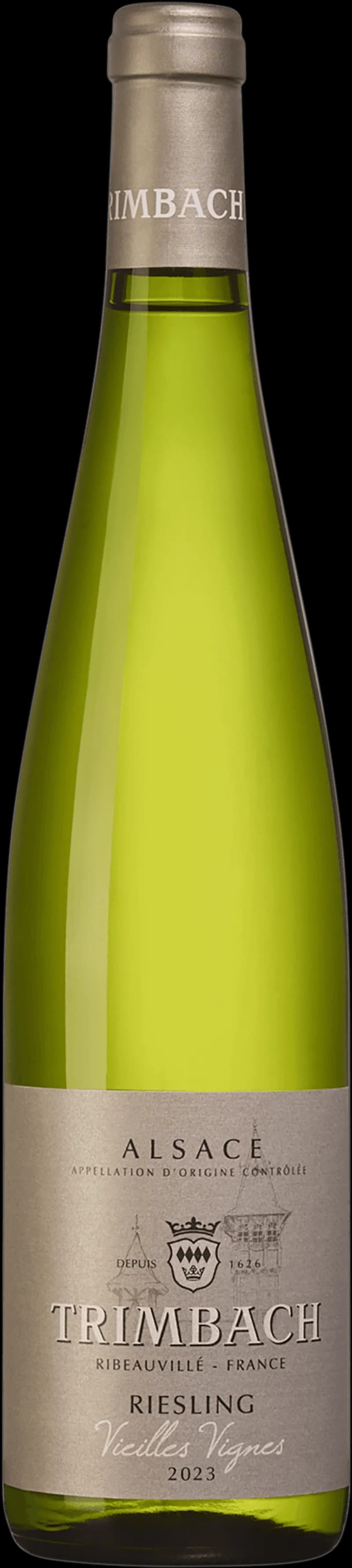 Flaska av Trimbach vitt vin mot en neutral bakgrund.