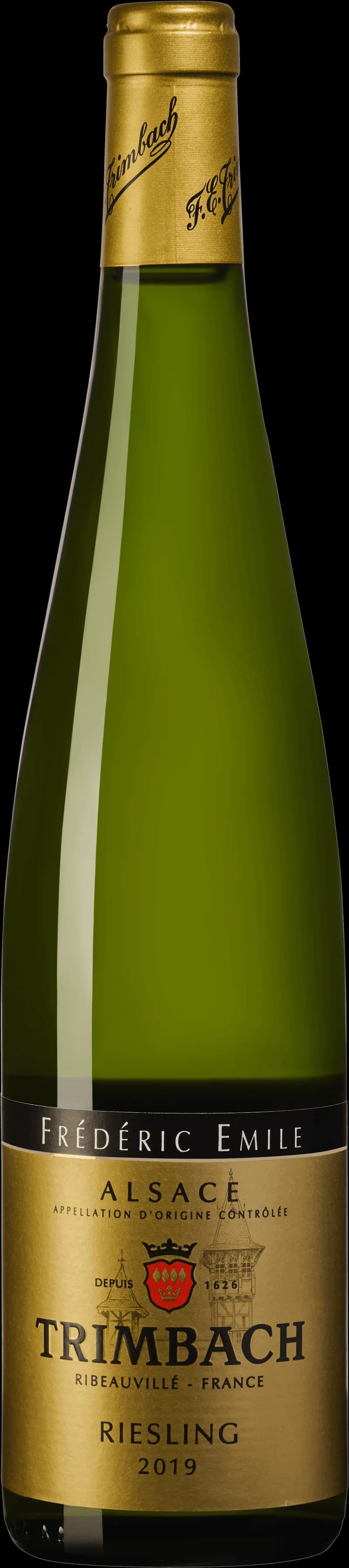 Flaska av Trimbachs vita vin mot en neutral bakgrund.
