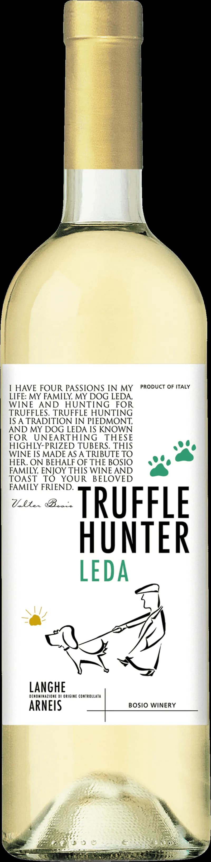 Flaska av Truffle Hunter vitt vin på en rustik träyta med tryffel och druvor.