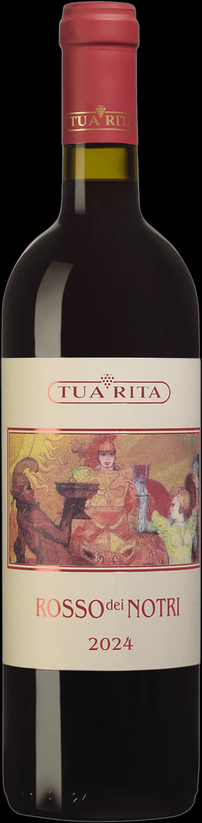 Tua Rita rött vin i ett vinglas på ett bord.