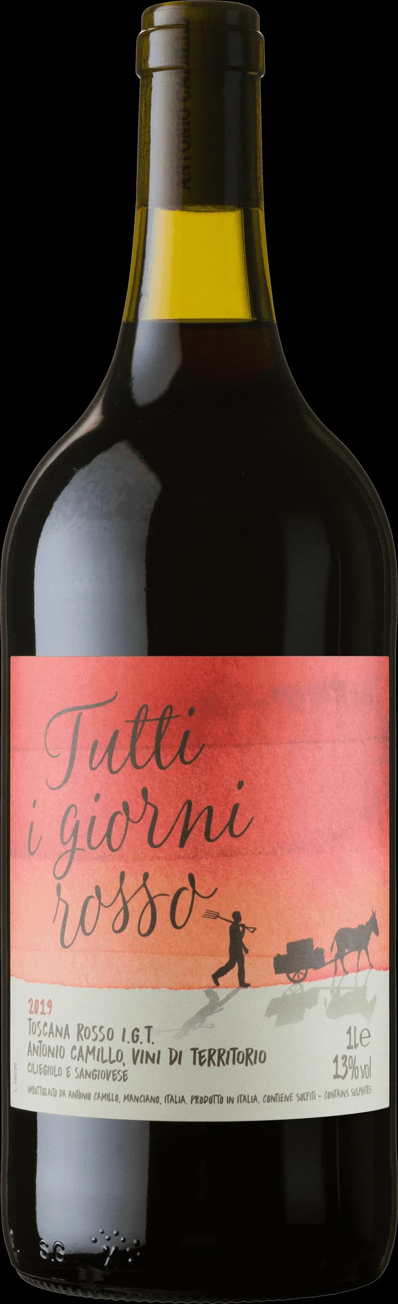 Flaska av rött vin Tutti i Giorni Rosso på en bordsservering.