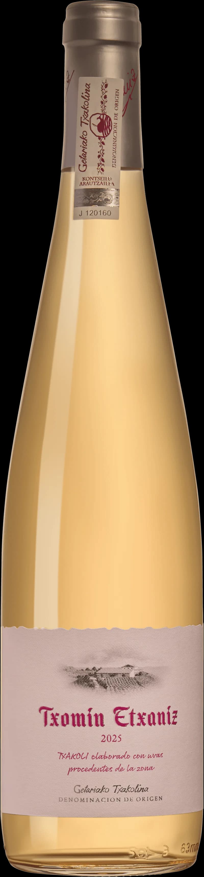 Flaska och glas med Txomin Etxaniz rosévin från Baskien.