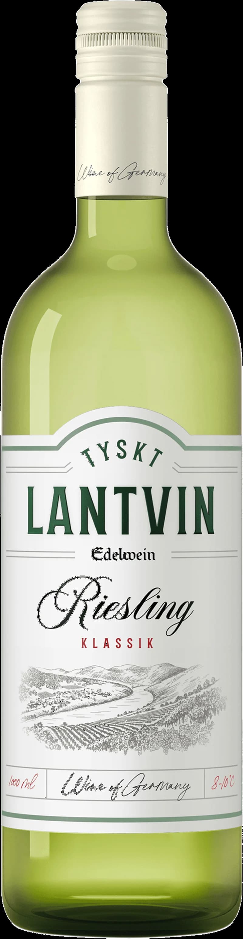 Flaska med tyskt vitt lantvin på en ljus bakgrund.