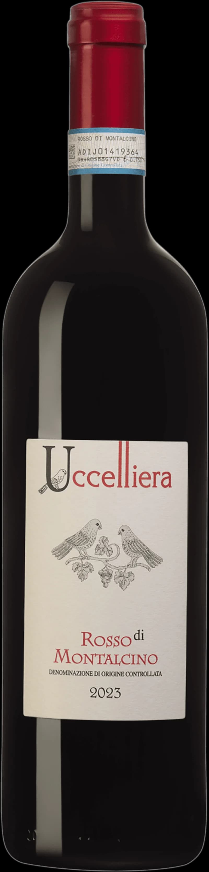 Flaska av rött vin från Uccelliera på en bordsservering.