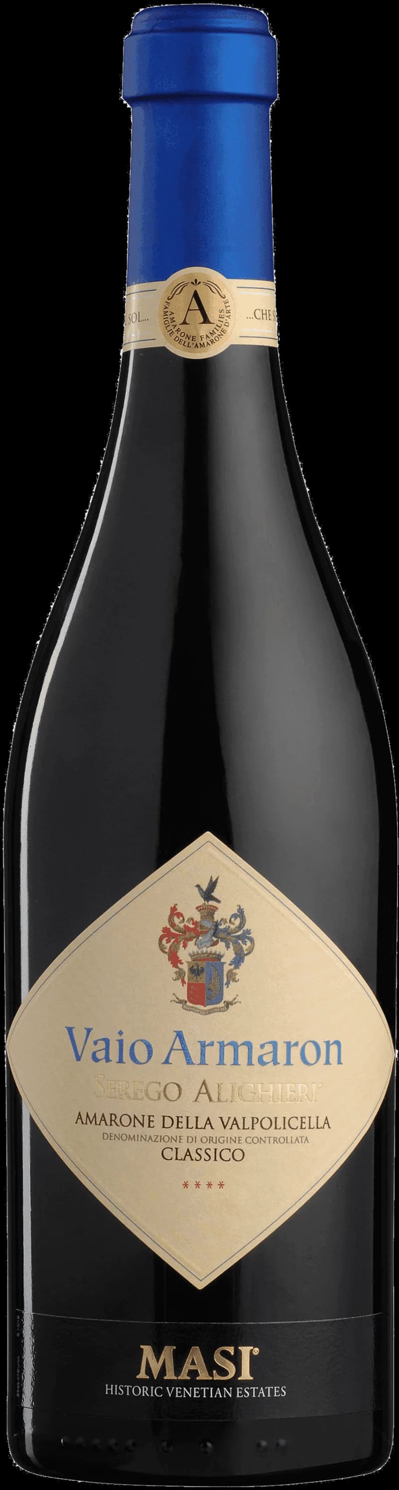 Flaska av Vaio Armaron rött vin med etikett, bakgrund av vingård.
