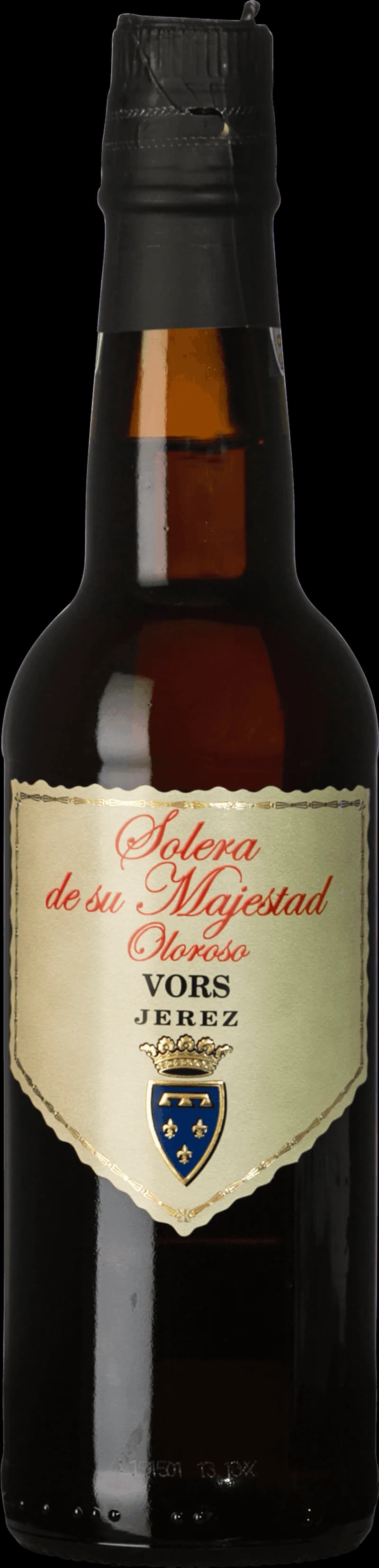 Flaska av Valdespino Oloroso VORS starkvin mot neutral bakgrund.