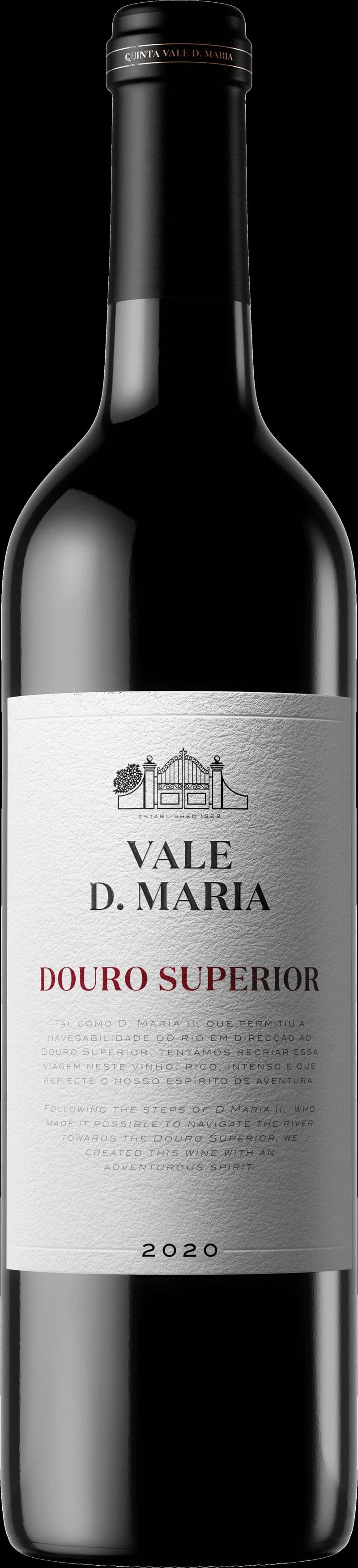 Flaska av rött vin från Vale d' Maria på en träbänk