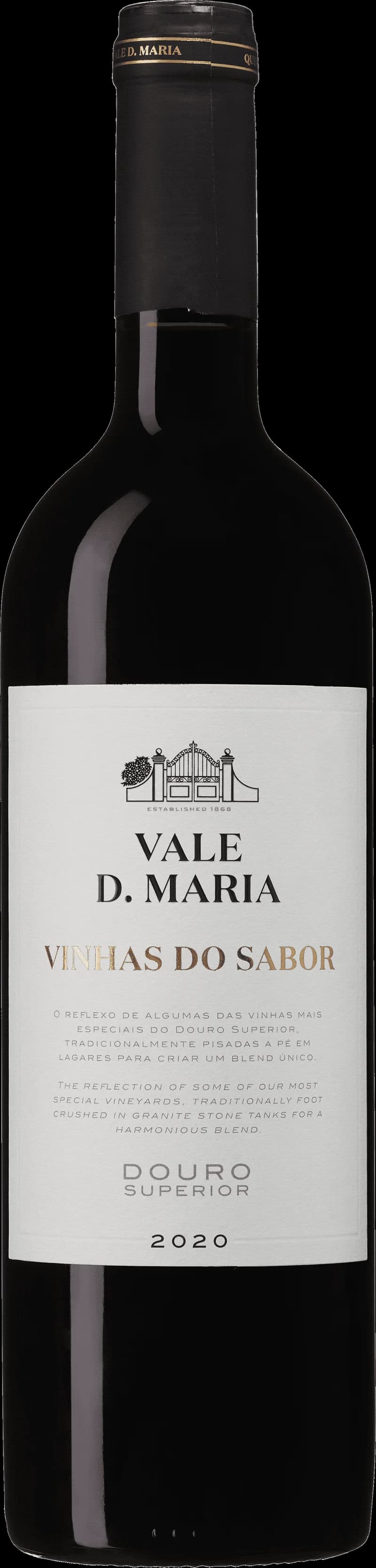 Flaska av rött vin från Vale d' Maria på en bordsservering.