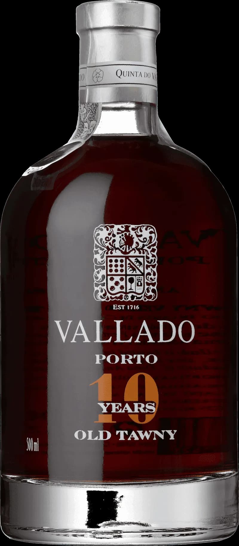 Flaska av Vallado Tawny Port 10 Years Old starkvin på vit bakgrund.